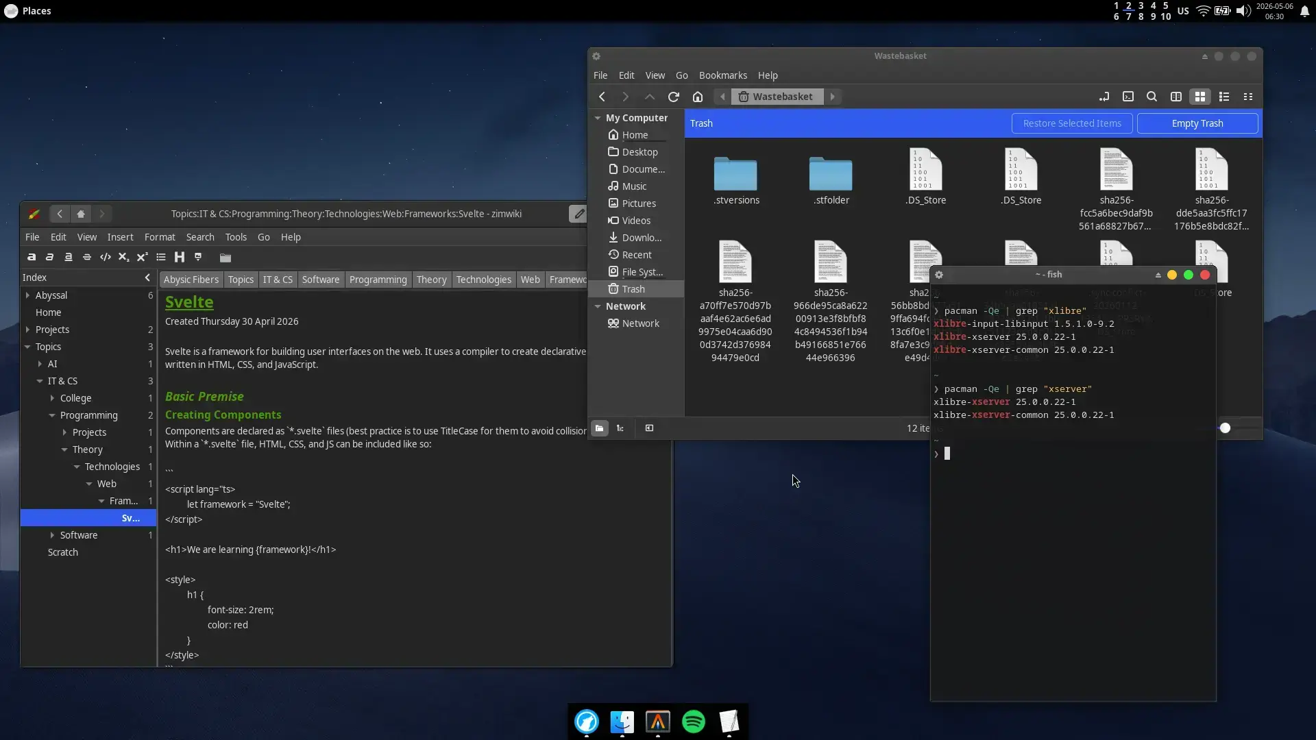 A computer desktop with a dark, skeuomorphic theme and a cool blue desert wallpaper. Three windows are open, a text editor with some information on the popular framework Svelte, a file manager showing some recently deleted files, and a terminal listing installed XLibre packages.