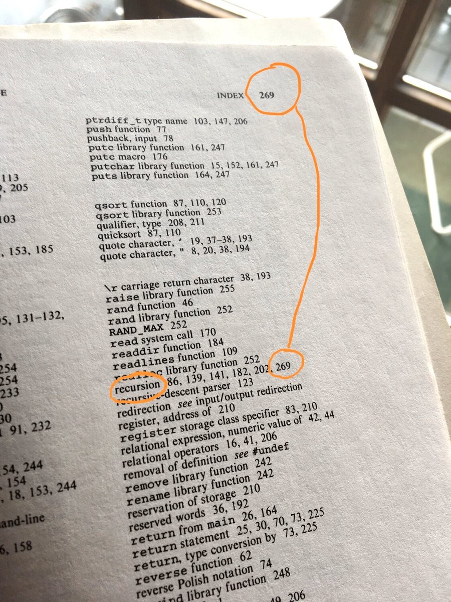 A photo of a books index, where "recursion" points to, among others, the page of the index