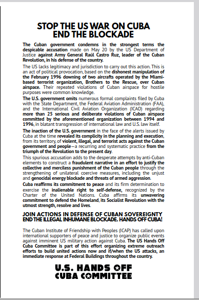 Image of a leaflet with the headline reading: 
STOP THE US WAR ON CUBA
END THE BLOCKADE
to read the rest of the text, open the file at this URL: 
https://drive.proton.me/urls/RQFR79X4T4#yJjvyxjoYyUQ