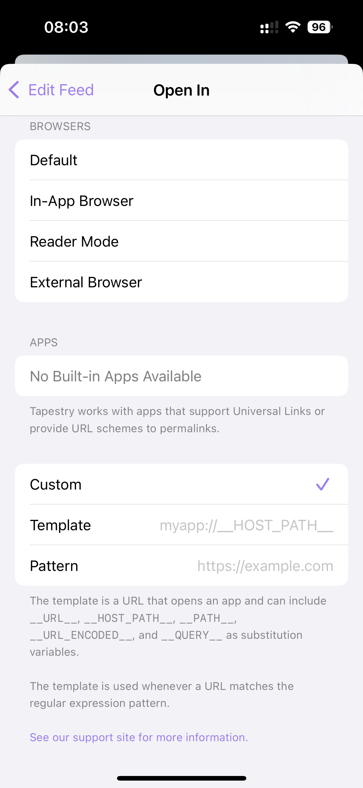 Screenshot of “Open in” configuration page in Tapestry