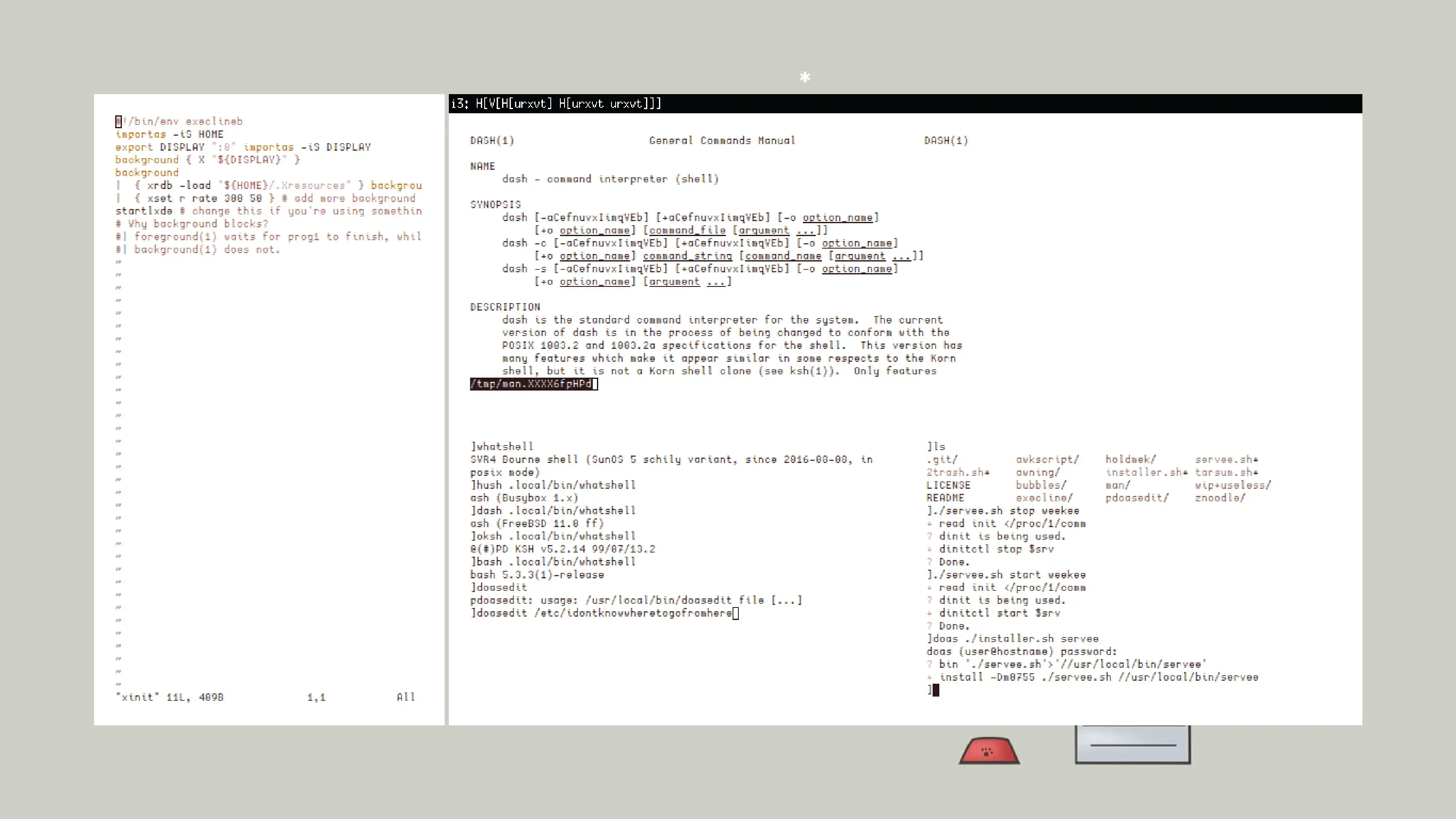 The i3 window manager with various rxvt-unicode terminals open. The main topic in the terminals are shell scripting.
