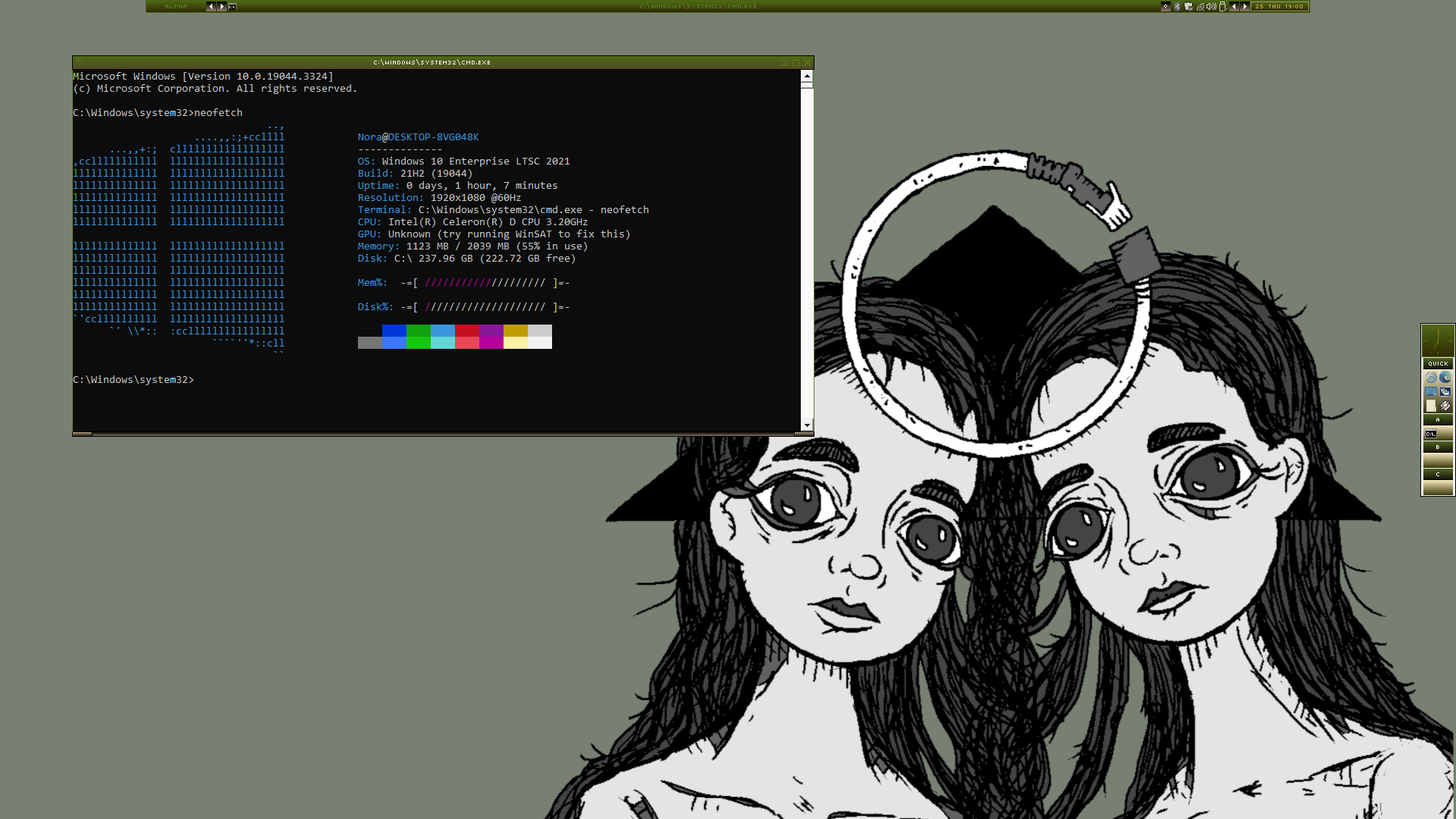 absolutely not unixporn: screenshot of a heavily customized windows 10 machine running a blackbox fork, the background is PMJV's Ouroboros