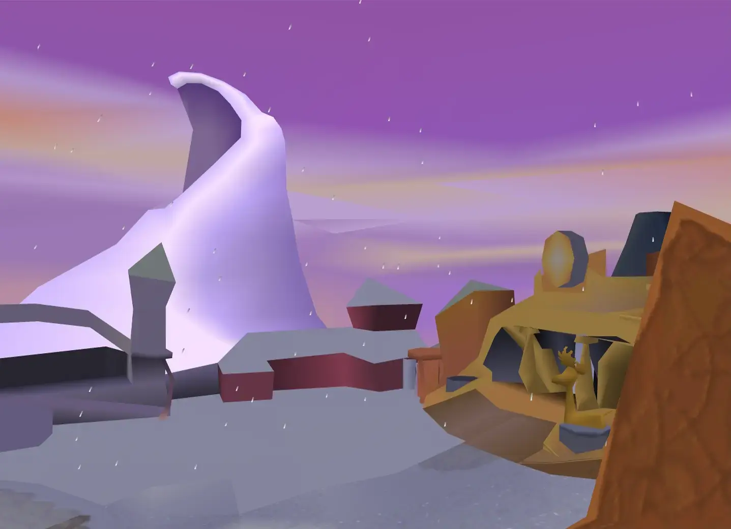 Low-poly buildings with simple shading, including a town hall with giant clock. The sky has soft purple and orange shades via vertex colors, there's polygonal snow and there's a snowy Mt. Crumpit visible too.