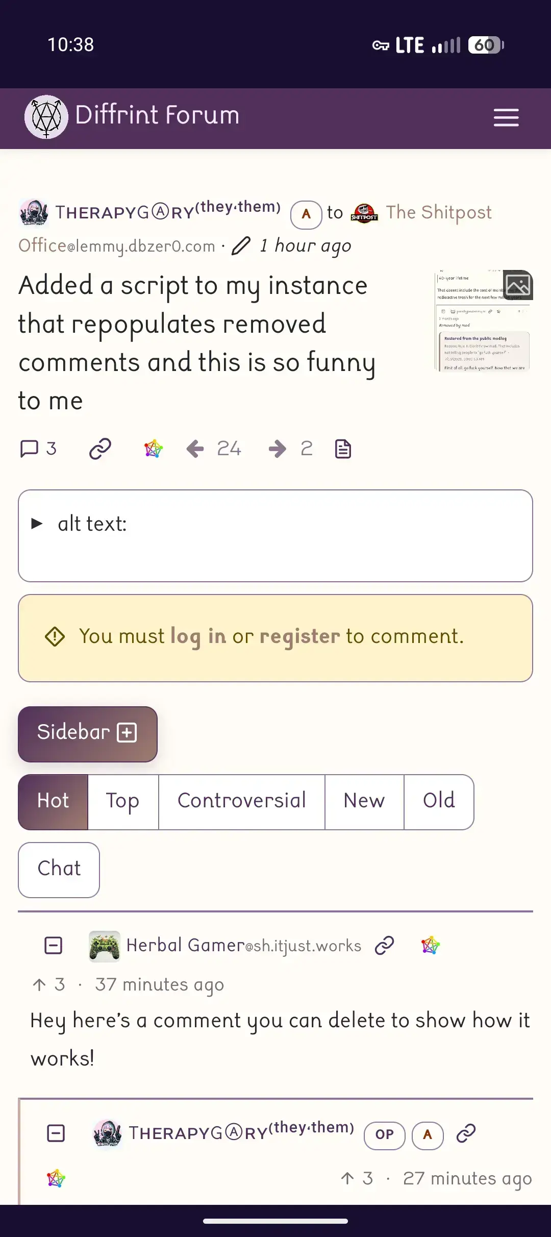 Screenshot showing a Lemmy post on an instance that restores deleted posts via script. 